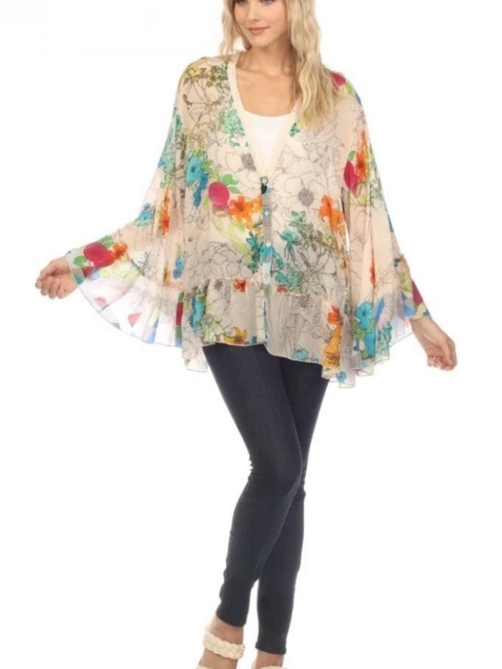 Johnny Was Floral V-Neck Button Blouse in Cream with Multicolor Blooms